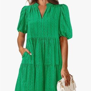 Elegant Green Puff Sleeve Midi Dress